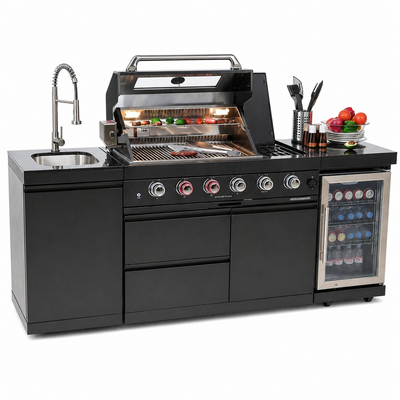 Outdoor Kitchen Island Black Stainless Steel with Sink & 46-Inch 4-Burner 72000 BTU Grill, Wine Cooler, Refrigerator, Rotisserie Kit & Granite Countertops