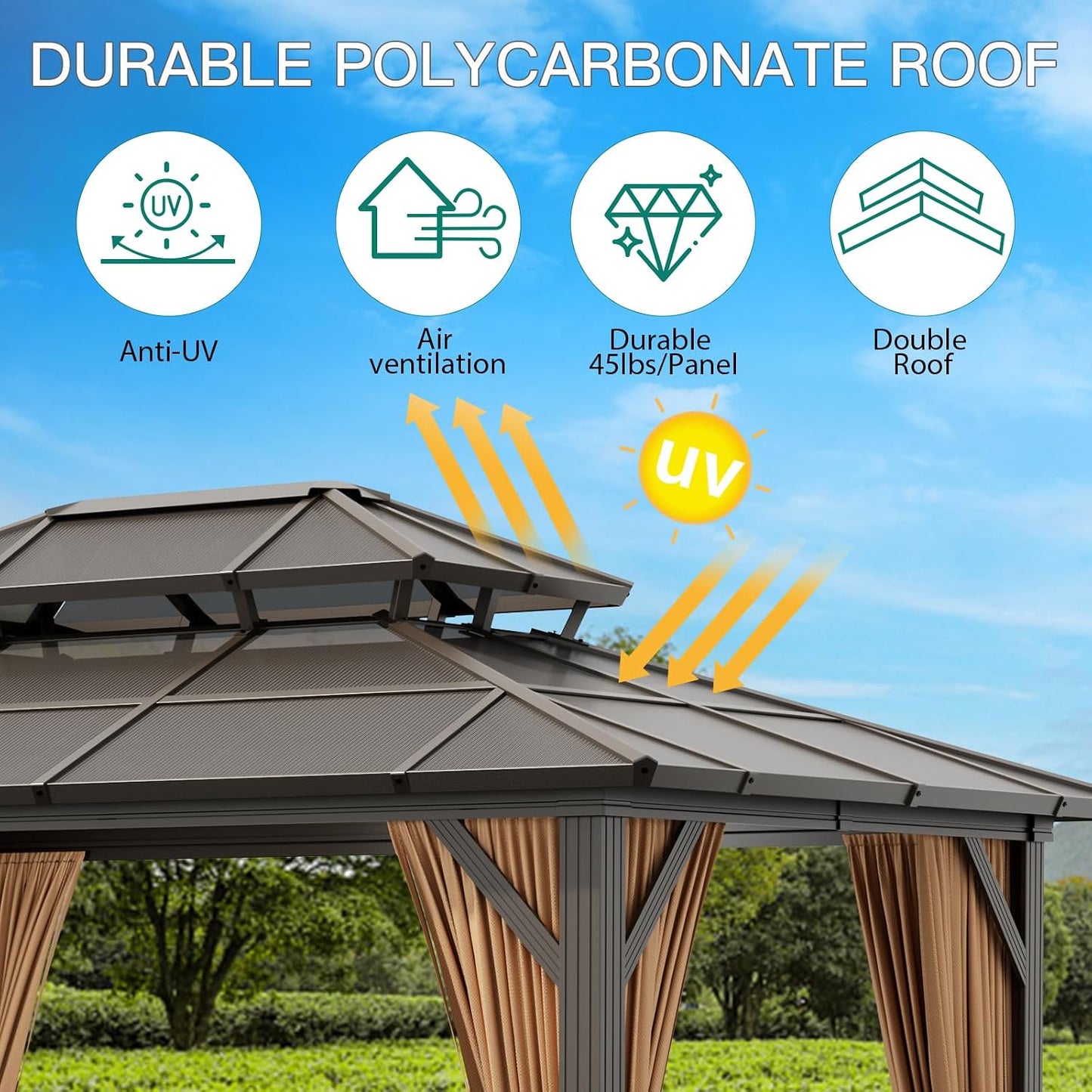 12'X10' Hardtop Gazebo, Aluminum Permanent Pavilion with Polycarbonate Double Roof, Removable Curtains & Mosquito Netting for Patio, Garden, Lawn, Upgrade Your Outdoors (Brown, 12'X10')