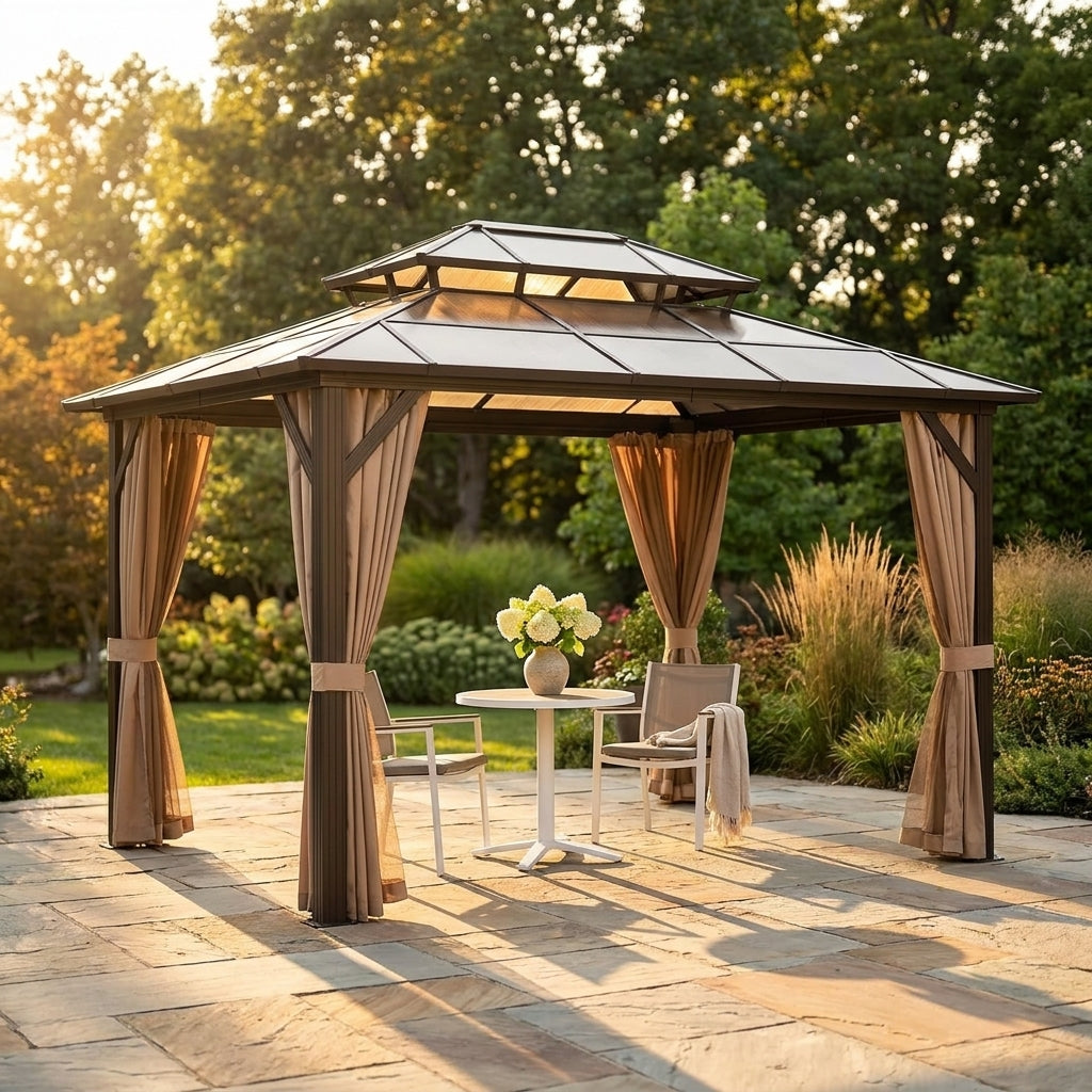 12'X10' Hardtop Gazebo, Aluminum Permanent Pavilion with Polycarbonate Double Roof, Removable Curtains & Mosquito Netting for Patio, Garden, Lawn, Upgrade Your Outdoors (Brown, 12'X10') — Studio Shot
