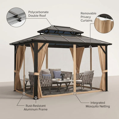 12'X10' Hardtop Gazebo, Aluminum Permanent Pavilion with Polycarbonate Double Roof, Removable Curtains & Mosquito Netting for Patio, Garden, Lawn, Upgrade Your Outdoors (Brown, 12'X10')