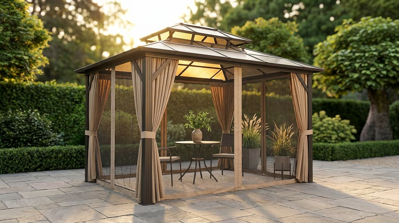 12'X10' Hardtop Gazebo, Aluminum Permanent Pavilion with Polycarbonate Double Roof, Removable Curtains & Mosquito Netting for Patio, Garden, Lawn, Upgrade Your Outdoors (Brown, 12'X10') — Lifestyle