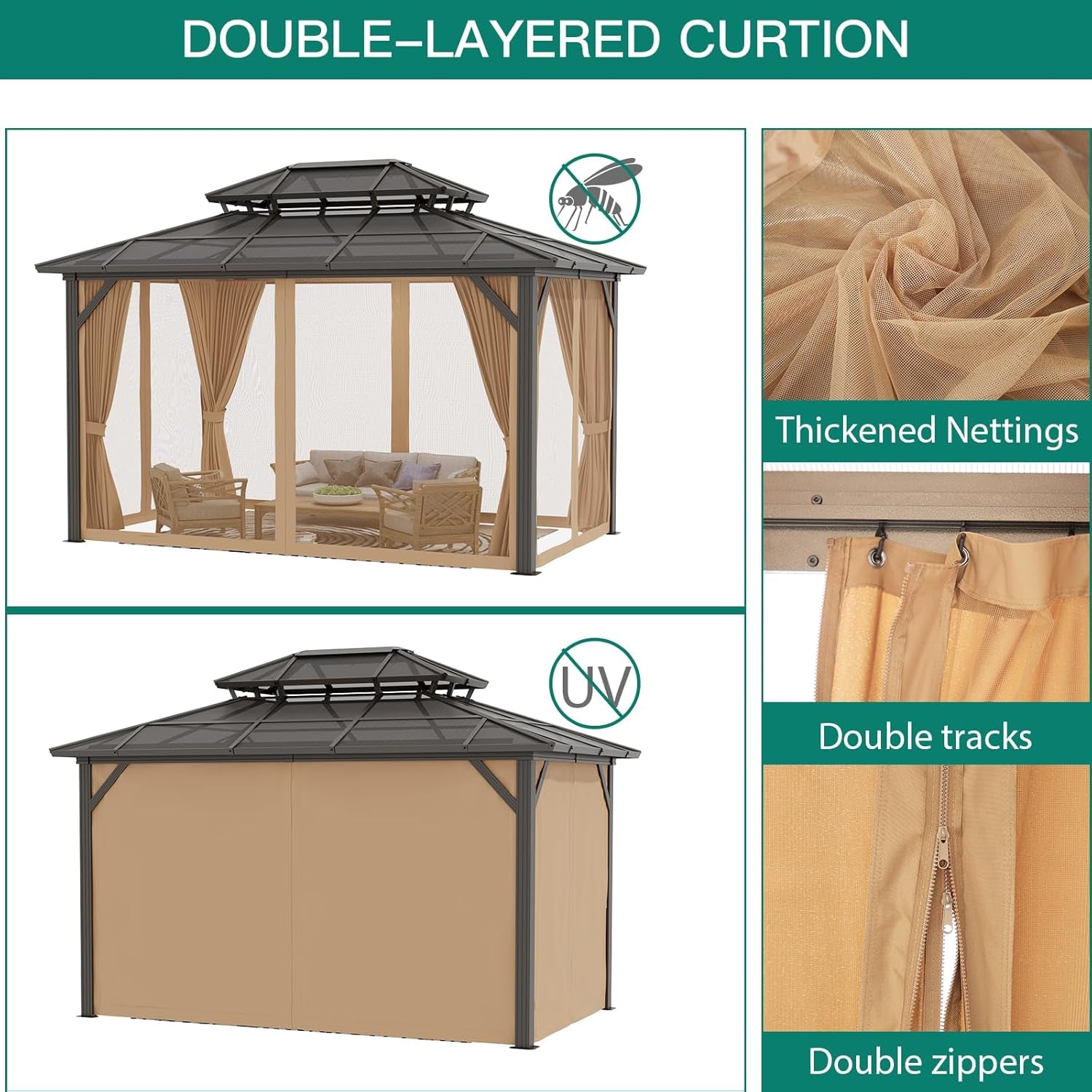 12'X10' Hardtop Gazebo, Aluminum Permanent Pavilion with Polycarbonate Double Roof, Removable Curtains & Mosquito Netting for Patio, Garden, Lawn, Upgrade Your Outdoors (Brown, 12'X10')