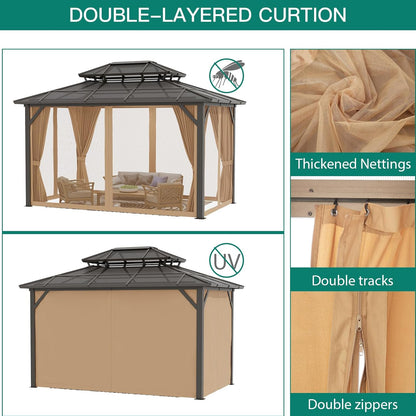 12'X10' Hardtop Gazebo, Aluminum Permanent Pavilion with Polycarbonate Double Roof, Removable Curtains & Mosquito Netting for Patio, Garden, Lawn, Upgrade Your Outdoors (Brown, 12'X10')