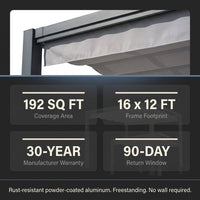 16 Ft. W X 12 Ft. D Aluminum Pergola Outdoor with Dark Gray Retractable Canopy — Results & Stats