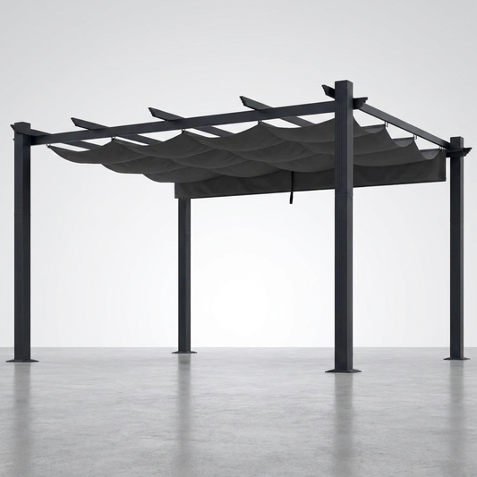 16 Ft. W X 12 Ft. D Aluminum Pergola Outdoor with Dark Gray Retractable Canopy — Studio Shot