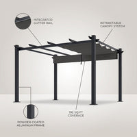 16 Ft. W X 12 Ft. D Aluminum Pergola Outdoor with Dark Gray Retractable Canopy — infographic