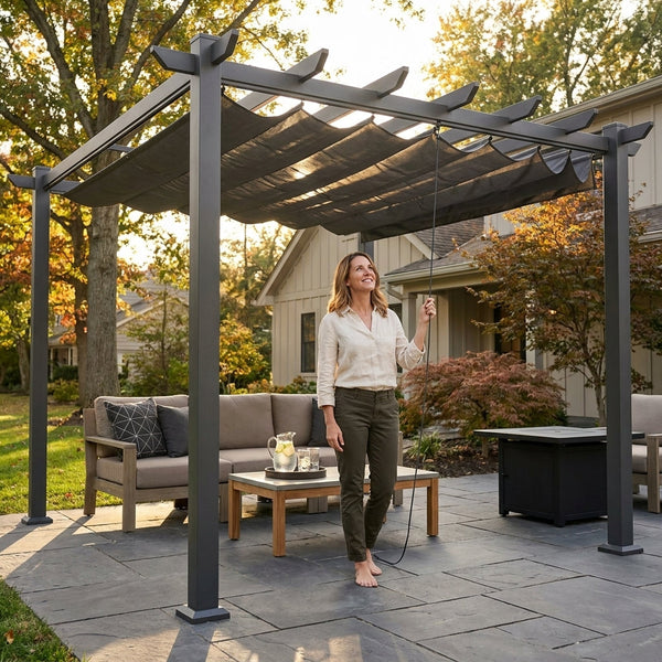 Aluminum Pergola Built to Shelter Outdoor Spaces, 16x12 Ft Coverage, Retractable Dark Gray Canopy, 192 Sq Ft