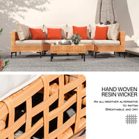 5 Piece Outdoor Patio Furniture Set Modular Outdoor Furniture Set Wicker Outdoor Sectional Sofa with Cushions and Table Patio Set for Balcony Porch Deck Yard ( (Salmon&Orange Wicker, Sand Cushion))