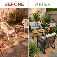 4-Piece Wicker Patio Conversation Set with Cushion, Outdoor Patio Furniture Set with Wood Table Top-Grey Cushions — Before & After