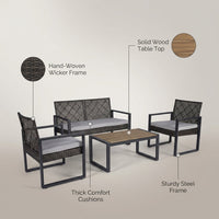 4-Piece Wicker Patio Conversation Set with Cushion, Outdoor Patio Furniture Set with Wood Table Top-Grey Cushions — infographic