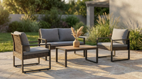 4-Piece Wicker Patio Conversation Set with Cushion, Outdoor Patio Furniture Set with Wood Table Top-Grey Cushions — Lifestyle