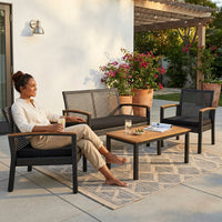 4-Piece Wicker Patio Conversation Set with Cushion, Outdoor Patio Furniture Set with Wood Table Top-Grey Cushions — Lifestyle