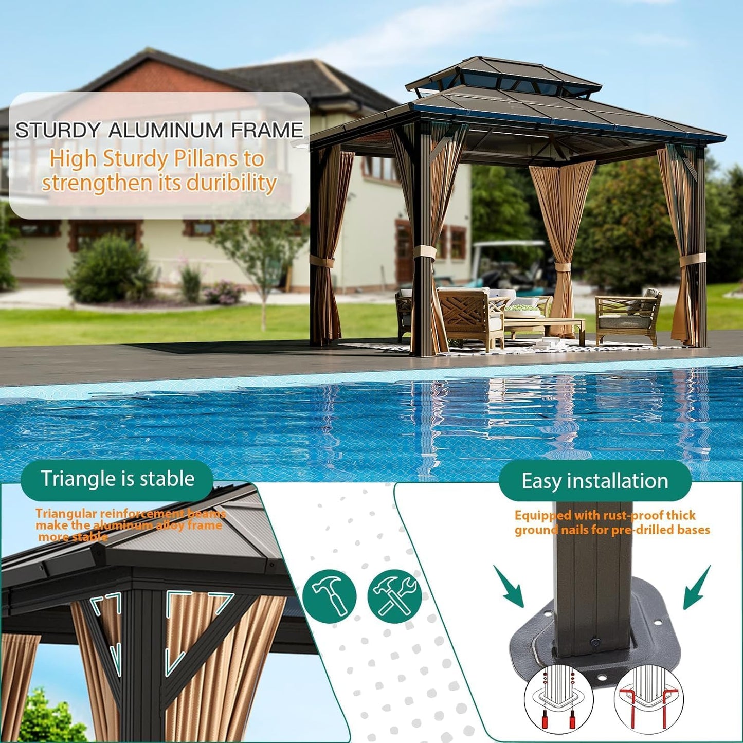 12'X10' Hardtop Gazebo, Aluminum Permanent Pavilion with Polycarbonate Double Roof, Removable Curtains & Mosquito Netting for Patio, Garden, Lawn, Upgrade Your Outdoors (Brown, 12'X10')