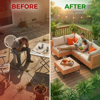 5 Piece Outdoor Patio Furniture Set Modular Outdoor Furniture Set Wicker Outdoor Sectional Sofa with Cushions and Table Patio Set for Balcony Porch Deck Yard ( (Salmon&Orange Wicker, Sand Cushion)) — Before & After