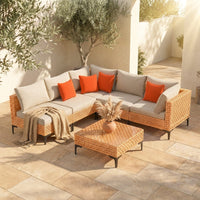 5 Piece Outdoor Patio Furniture Set Modular Outdoor Furniture Set Wicker Outdoor Sectional Sofa with Cushions and Table Patio Set for Balcony Porch Deck Yard ( (Salmon&Orange Wicker, Sand Cushion)) — Studio Shot