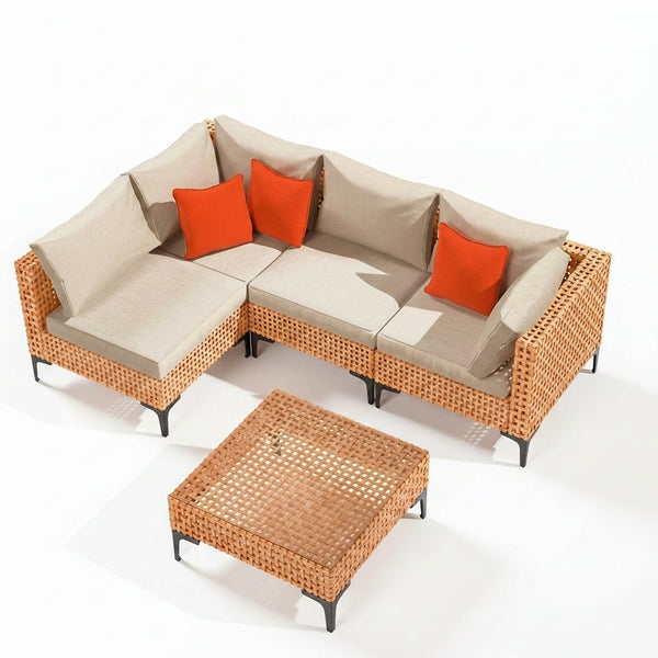 5 Piece Outdoor Patio Furniture Set Modular Outdoor Furniture Set Wicker Outdoor Sectional Sofa with Cushions and Table Patio Set for Balcony Porch Deck Yard ( (Salmon&Orange Wicker, Sand Cushion)) — Studio Shot