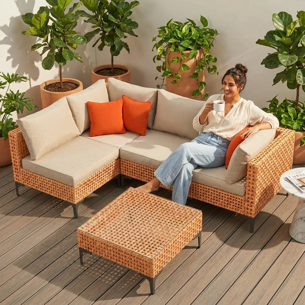 Outdoor Patio Furniture Set Designed for Flexible Seating, 5 Piece Modular Wicker, Sand Cushions, Coffee Table