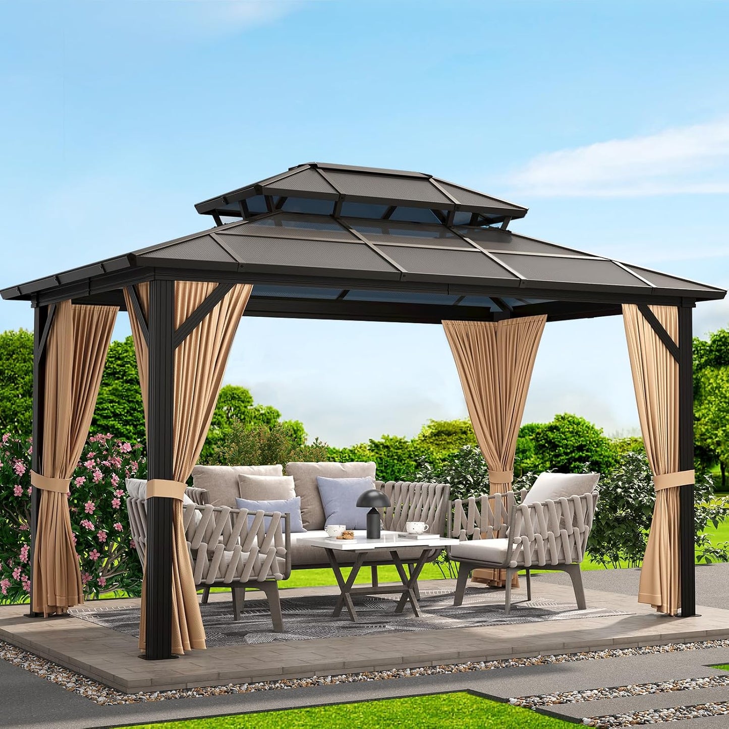 12'X10' Hardtop Gazebo, Aluminum Permanent Pavilion with Polycarbonate Double Roof, Removable Curtains & Mosquito Netting for Patio, Garden, Lawn, Upgrade Your Outdoors (Brown, 12'X10')