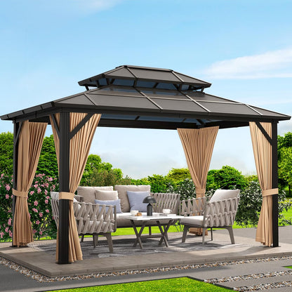 12'X10' Hardtop Gazebo, Aluminum Permanent Pavilion with Polycarbonate Double Roof, Removable Curtains & Mosquito Netting for Patio, Garden, Lawn, Upgrade Your Outdoors (Brown, 12'X10')