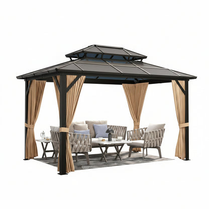 12'X10' Hardtop Gazebo, Aluminum Permanent Pavilion with Polycarbonate Double Roof, Removable Curtains & Mosquito Netting for Patio, Garden, Lawn, Upgrade Your Outdoors (Brown, 12'X10')