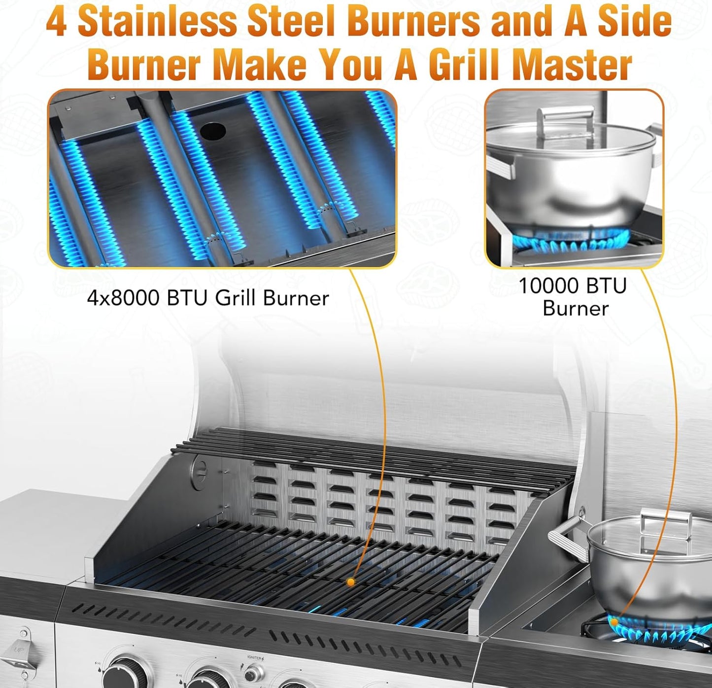 G41 Pro BBQ Grill,Heavy-Duty Stainless Steel Gas Grill, 4 Burner Gas Grill with Side Burner,42000 BTU Propane Grill for Outdoor Cooking,Barbecue,Garden and Patio Backyard