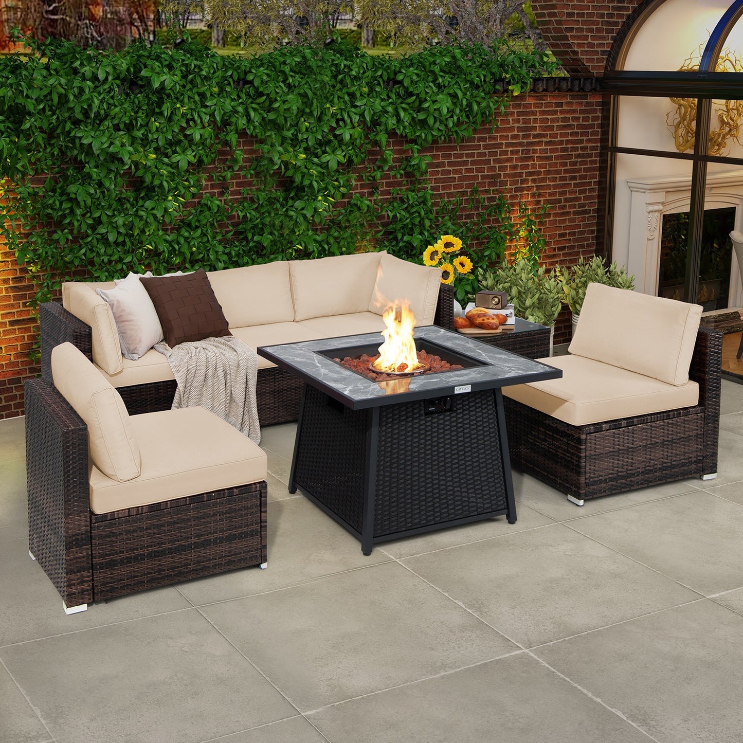 7 Pieces Patio Furniture Set with 35 Inches 50000 BTU Propane Gas Fire Pit Table and Waterproof Cover for Firpit