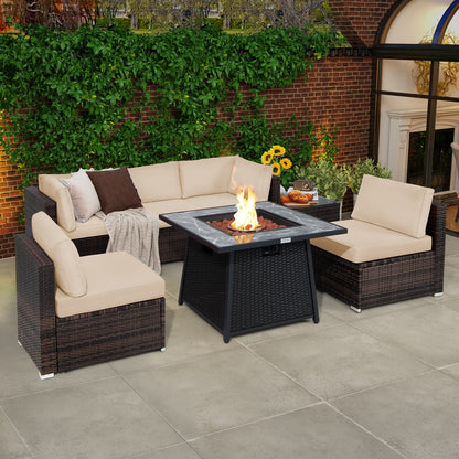 7 Pieces Patio Furniture Set with 35 Inches 50000 BTU Propane Gas Fire Pit Table and Waterproof Cover for Firpit