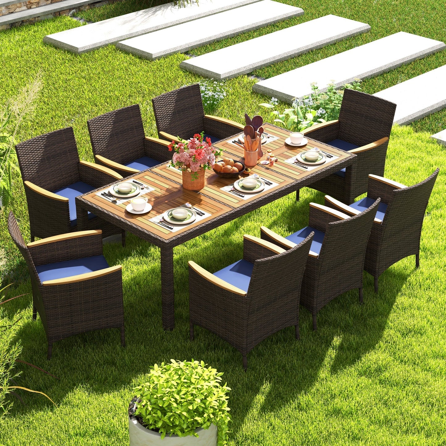 9 Piece Outdoor Dining Set with Acacia Wood Table Top