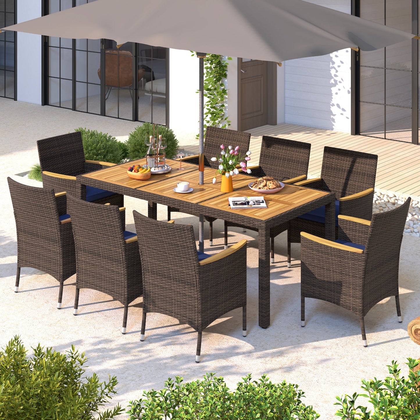 9 Piece Outdoor Dining Set with Acacia Wood Table Top