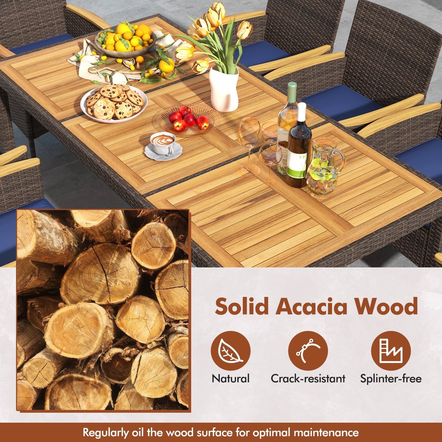 9 Piece Outdoor Dining Set with Acacia Wood Table Top