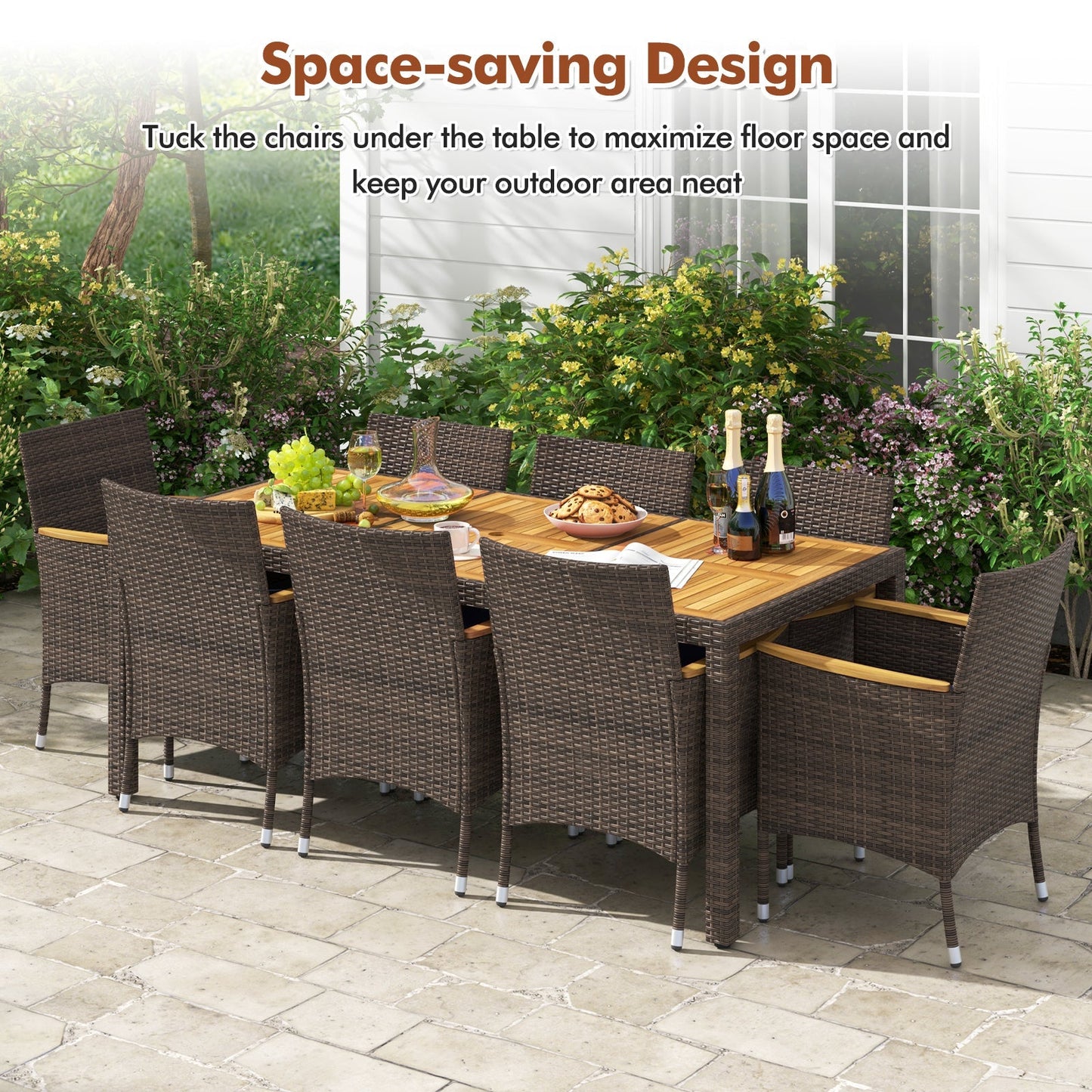 9 Piece Outdoor Dining Set with Acacia Wood Table Top