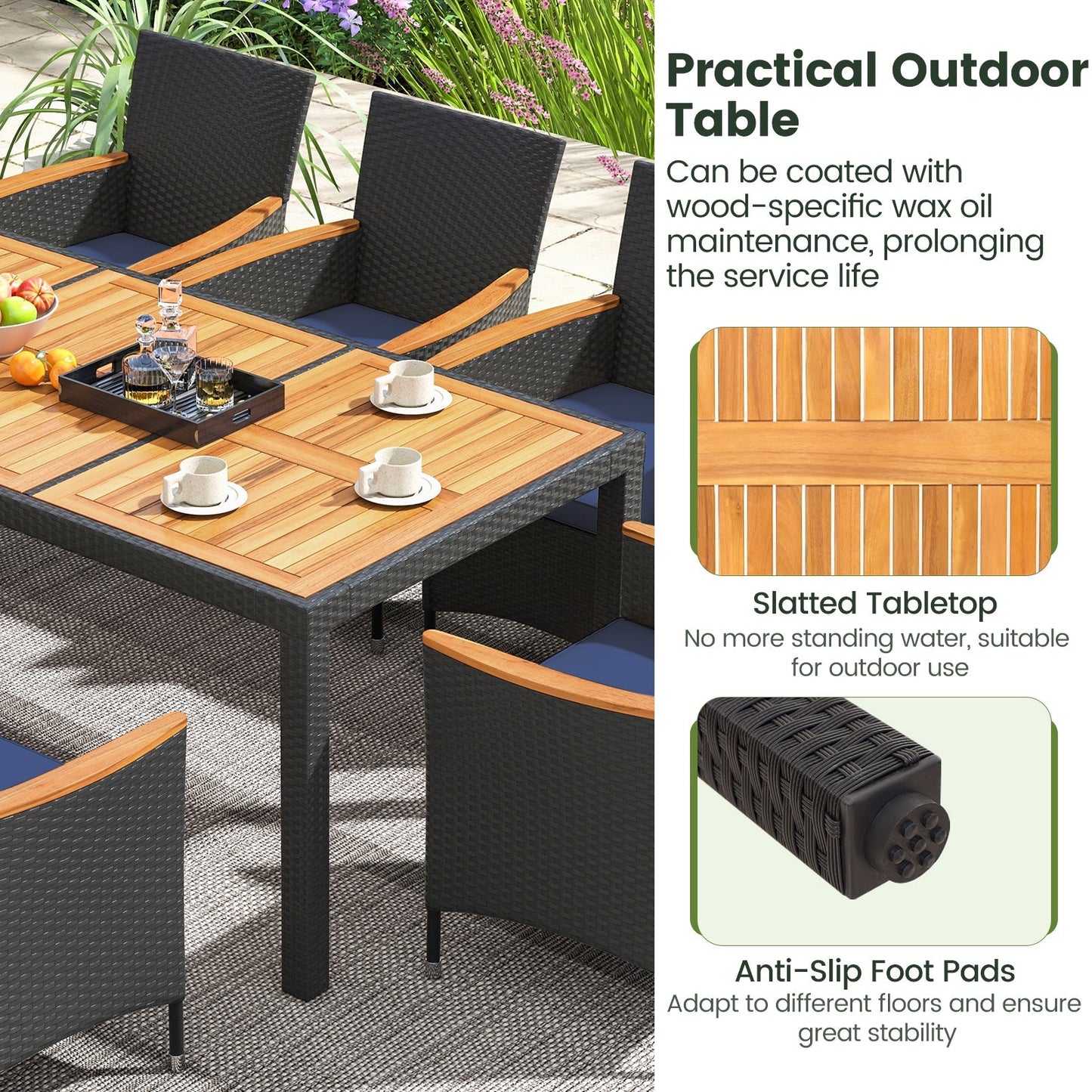 9 Pieces Outdoor Dining Set with Acacia Wood Tabletop