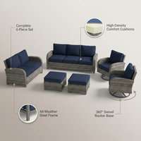Outdoor Patio Conversation Set Built for All-Weather Use, 6-Piece Steel Frame, High-Density Cushions, Swivel Rockers — infographic