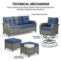 Patio Furniture Set 6-Piece Outdoor Patio Conversation Set with Blue Cushions Lawn Furniture — How It Works