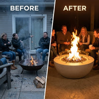Propane Fire Pit, Outdoor Concrete Gas Fire Pit, 39 in Tabletop with Lava Rocks, Lid,Rain Cover,Adjust Flame Height Camping Firepit for Heating, Lighting, 50000 BTU — Before & After