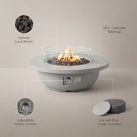 Propane Fire Pit, Outdoor Concrete Gas Fire Pit, 39 in Tabletop with Lava Rocks, Lid,Rain Cover,Adjust Flame Height Camping Firepit for Heating, Lighting, 50000 BTU — infographic