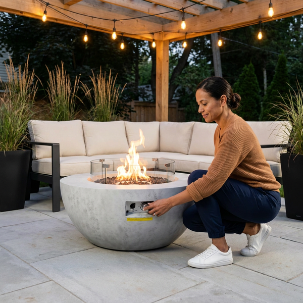 Propane Fire Pit Designed for Outdoor Gatherings, 39 Inch Concrete Top, 50000 BTU, Lava Rocks Included