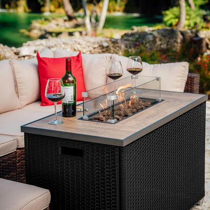 43 Inch Fire Pit for Outdoor - 50,000 BTU Outdoor Propane Fire Pit Table with Lid, Rain Cover & Lava Rocks - Patio Fire Pit Table with Tempered Glass for Backyard Gatherings - Black