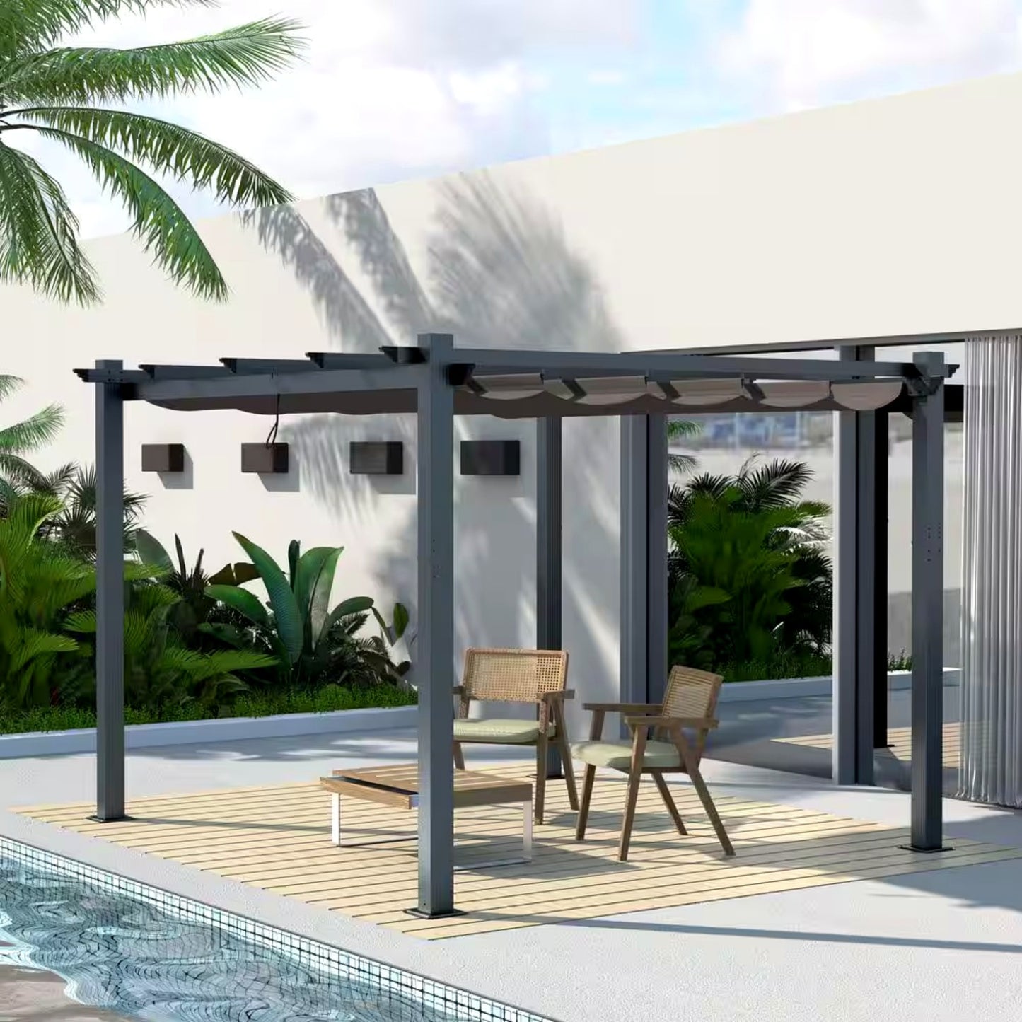 10 Ft. W X 10 Ft. D Aluminum Pergola Outdoor with Dark Gray Retractable Canopy