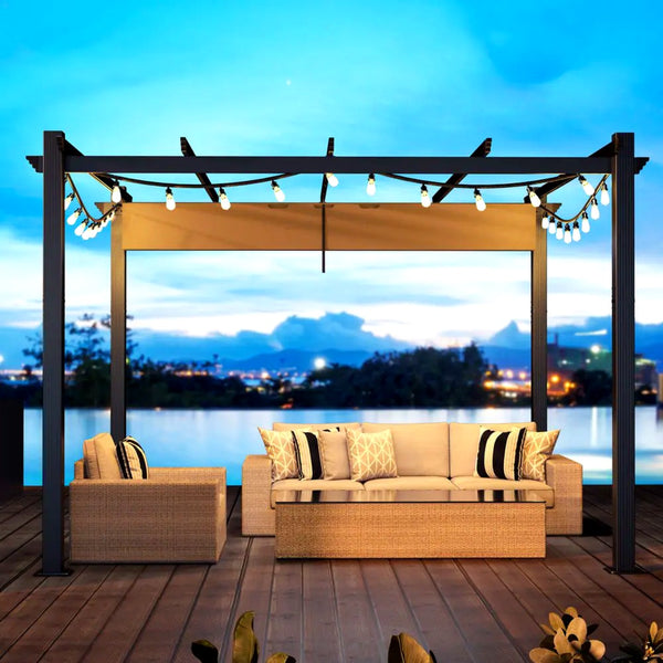 10 Ft. W X 10 Ft. D Aluminum Pergola Outdoor with Dark Gray Retractable Canopy