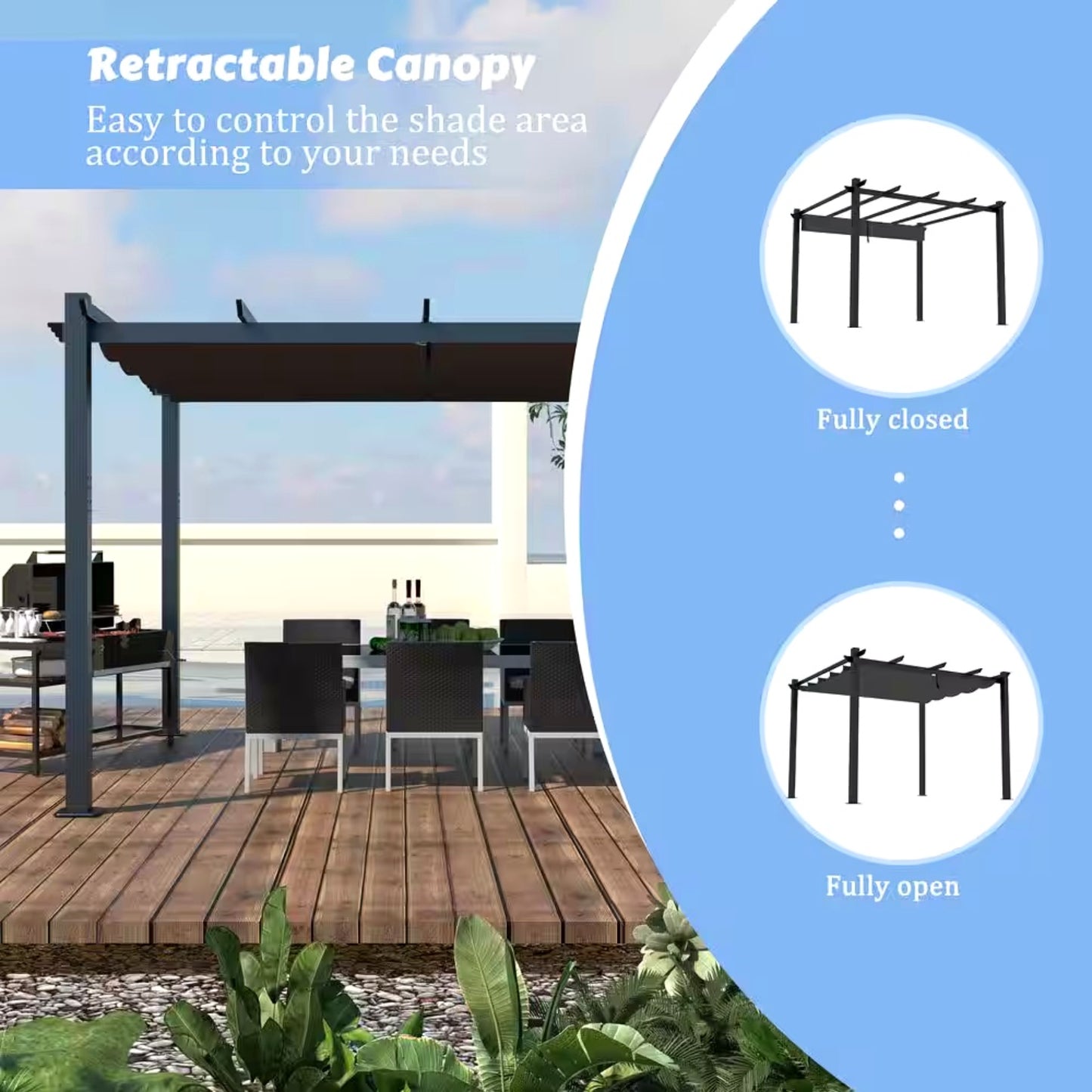 10 Ft. W X 10 Ft. D Aluminum Pergola Outdoor with Dark Gray Retractable Canopy