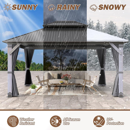 12' X 14' Wood Gazebo, Outdoor Hardtop Gazebo with Wood Posts and Galvanized Steel Doule Roof, Wooden Frame Gazebos with Netting and Curtains for Patio, Backyard, Deck Garden