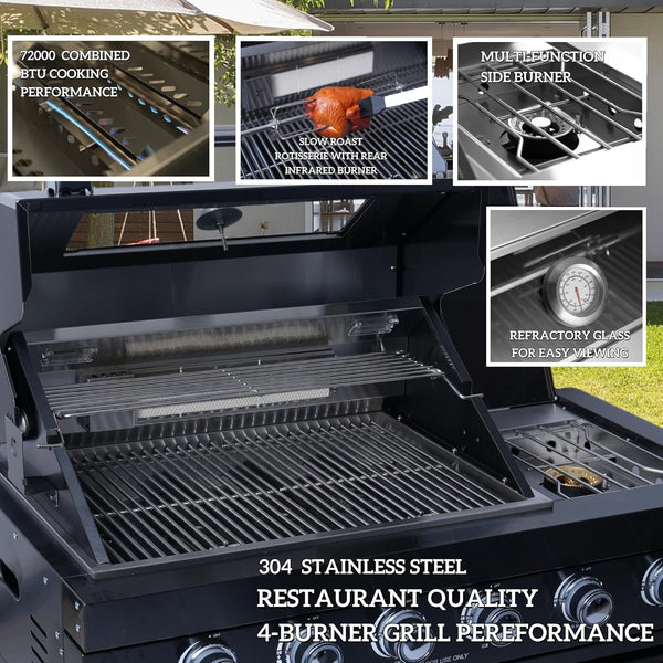 BBQ Island Outdoor Kitchen Kits, 4-Burner 72000 BTU Stainless Steel Modular 98 Inch Natural Gas Outdoor Kitchen Bar Barbecue Island Grill with Refrigerator and Sink for Patio Backyard