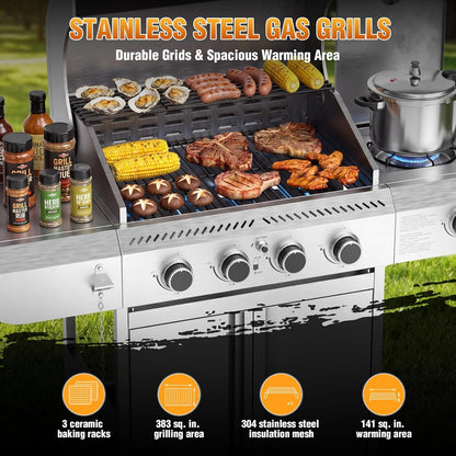 G41 Pro BBQ Grill,Heavy-Duty Stainless Steel Gas Grill, 4 Burner Gas Grill with Side Burner,42000 BTU Propane Grill for Outdoor Cooking,Barbecue,Garden and Patio Backyard