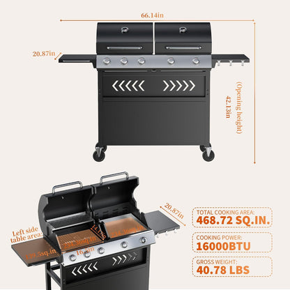 Grills 5 Burner Propane Gas Grill & Griddle Combo 40,000 BTU Stainless Steel Outdoor Patio Barbecue Grill Propane Gas with Removable Cart Portable Griddle for Outdoor Cooking, BBQ, Camping, Backyard