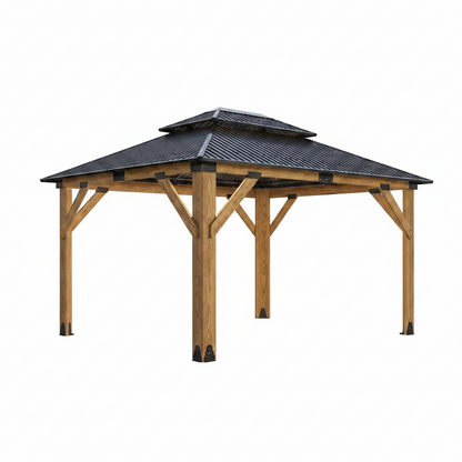 11X13Ft Wood Gazebo, Outdoor Wooden Gazebo with Glavanized Steel Double Roof, Hardtop Gazebos for Garden, Patio, Deck, Backyard