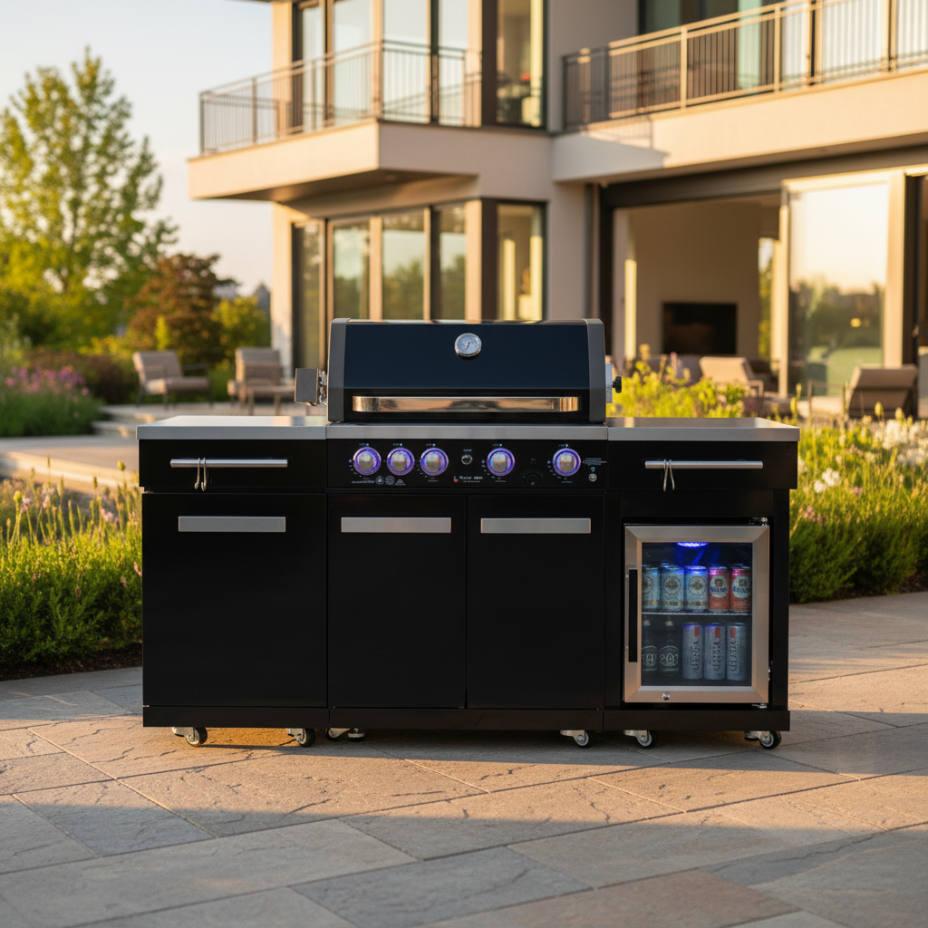 Premium 70" Black Stainless Steel Outdoor Kitchen Island with Refrigerator + 32"W 4-Burner BBQ Grill with Rear Burner