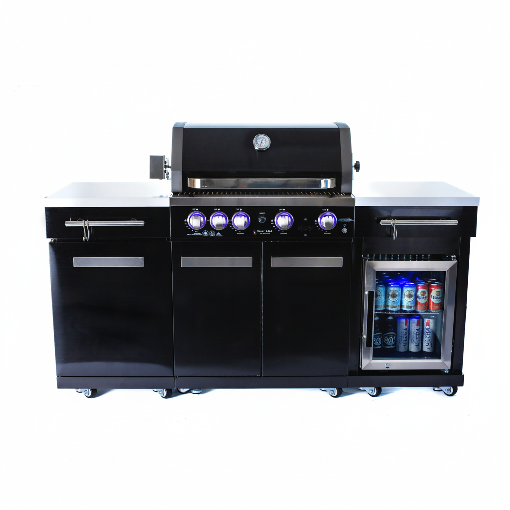 Premium 70" Black Stainless Steel Outdoor Kitchen Island with Refrigerator + 32"W 4-Burner BBQ Grill with Rear Burner