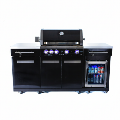 Premium 70" Black Stainless Steel Outdoor Kitchen Island with Refrigerator + 32"W 4-Burner BBQ Grill with Rear Burner