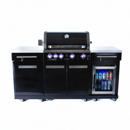 Premium 70" Black Stainless Steel Outdoor Kitchen Island with Refrigerator + 32"W 4-Burner BBQ Grill with Rear Burner